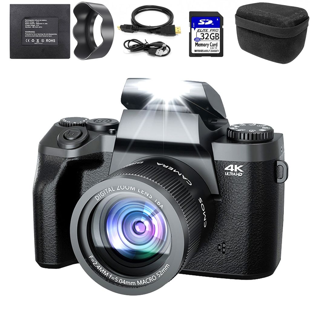 Digitalkamera 4K, 64MP Fotokamera mit 3.0" Touchscreen, 16X Digitalzoom Kompaktkamera mit WiFi, mit Kameratasche, Haube, 32GB TF-Karte, Einzellinse