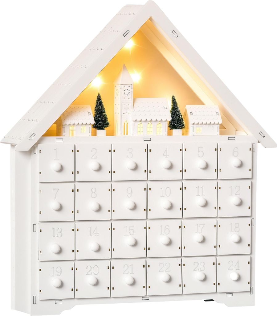 Adventskalender Weichnachtsdekoration Weihnachtsdeko, 24 Schubladen, LED-Lichter, 39 cm x 9 cm x 42 cm, Weiß + Grün