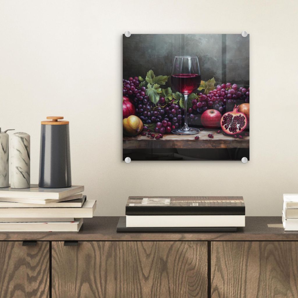 MuchoWow Glasbilder - Bilder auf Wandbild - Foto auf Glas Wein - Obst - Stilleben 40x40 cm Wanddekoration aus Glas - Acrylglasbild - Acrylbilder