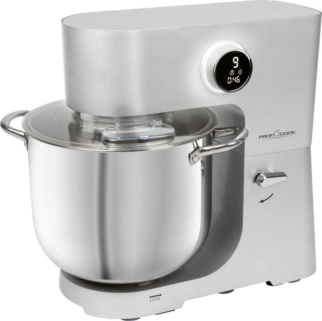 A silver kitchen mixer with a large stainless steel bowl and a clear lid is shown against a white background.