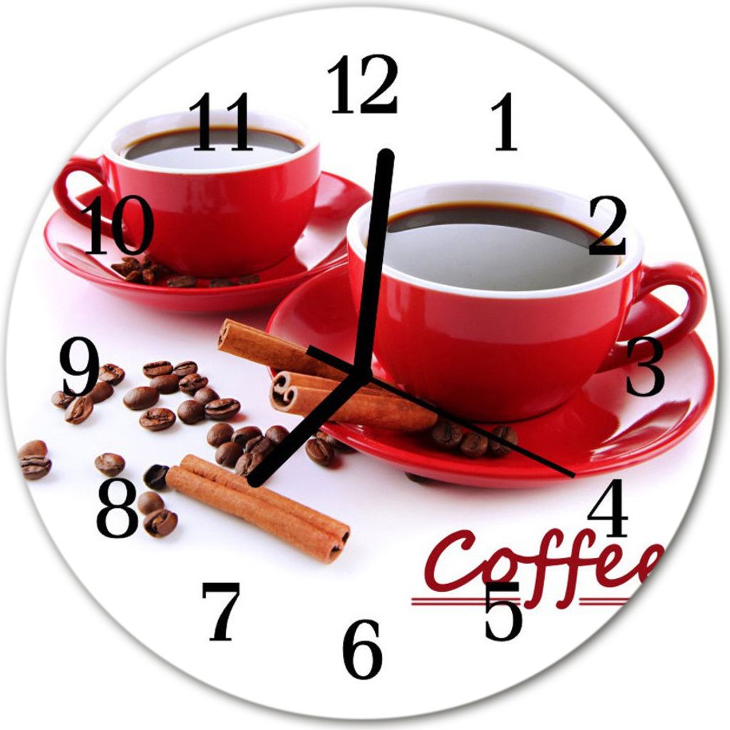 Glasuhr Wanduhr Küchenuhr Echt-Glas 30fi cm Tasse Kaffee Rot