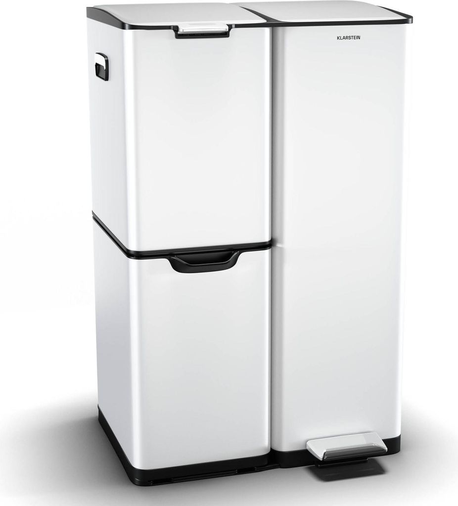 A white, multi-compartment trash can with a pedal.
