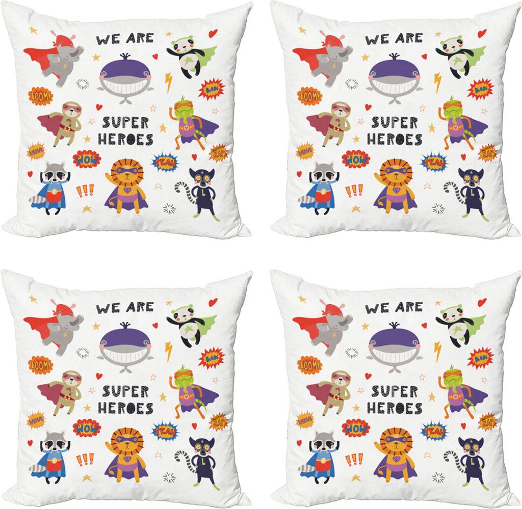 ABAKUHAUS lustige Sloth Kissenbezug Set (4 Stück), Caped Kostüm Tiere, Moderner Doppelseitiger Digitaldruck, 50 cm x 50 cm, Mehrfarbig