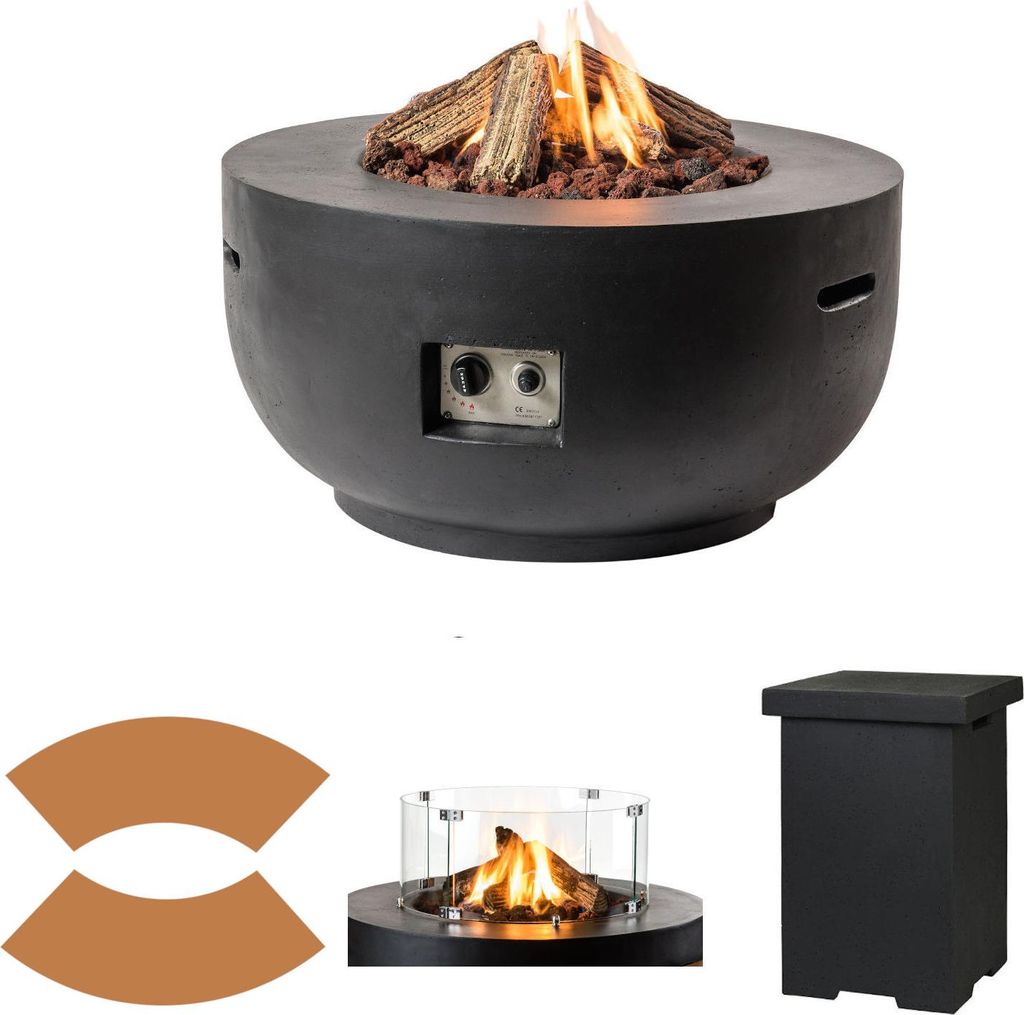 Happy Cocooning Mania Feuertisch Komplettset 19,5 kW Bowl rund 91x91x46 cm Beton-Optik schwarz