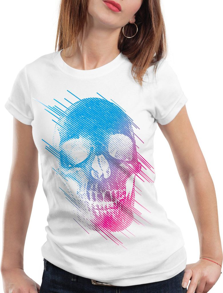 style3 Neon Skull T-Shirt Damen totenkopf disco neon festival, Farbe:Weiß, Größe:XL