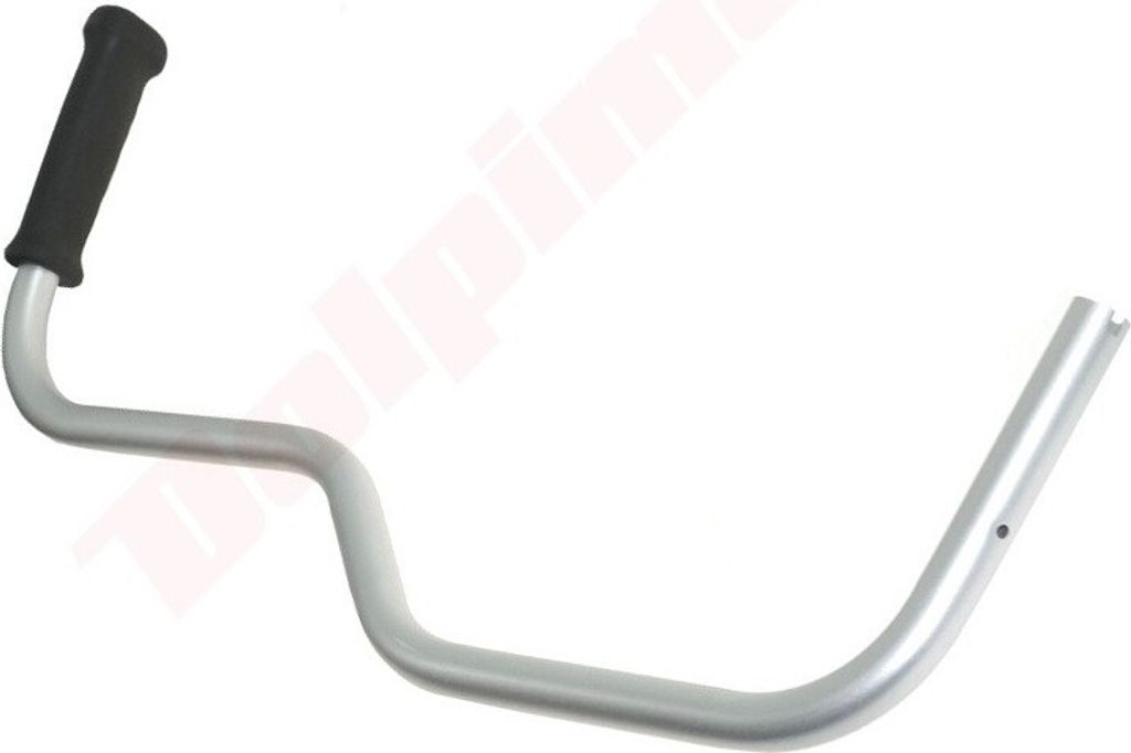 A silver handle with a black grip on a white background.