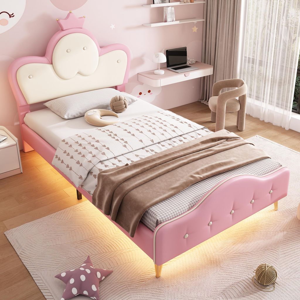 okwish Kinderbett Plattformbett 90×200 cm mit Lattenrost und LED-Streifen, Polsterbett Jugendbett für Jungen und Mädchen, Funktionelles Einzelbe...