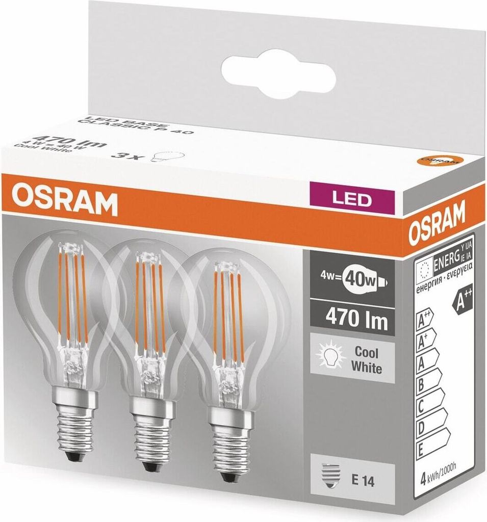 Led klar sphärisch E14 4W kalt, Packung zu 3 - Osram Produktbild 