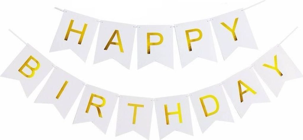 Ghirlanda "Happy Birthday" bianca con scritta dorata, Immagine del prodotto 