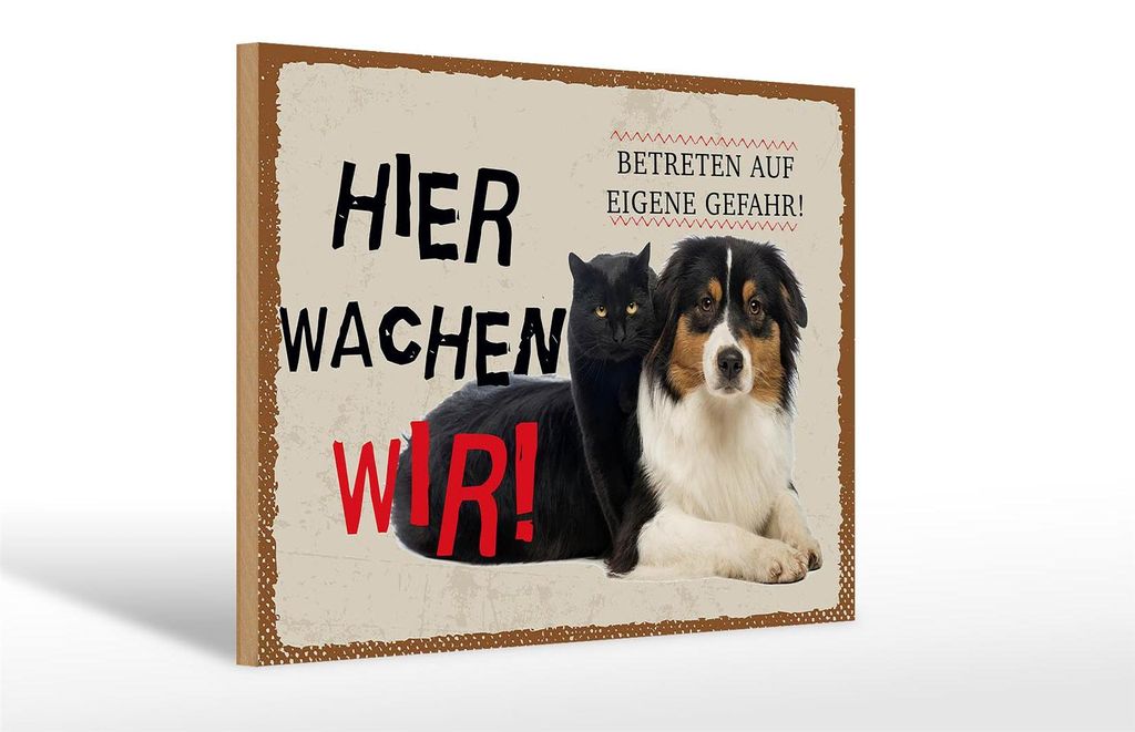 Holzschild Hinweis Hier wachen unsere Hunde, 30x20 cm, Holzschilder Tiere Achtung