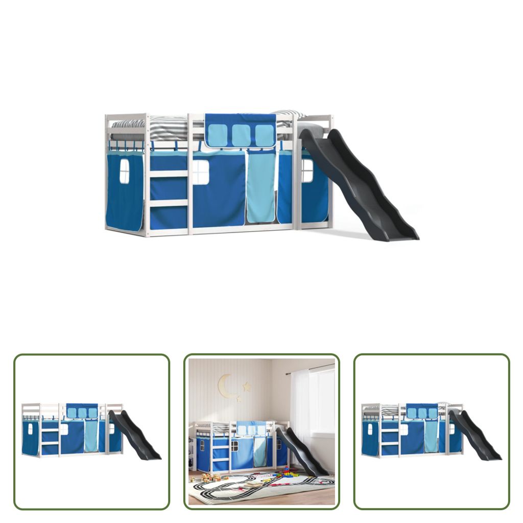 The Living Store Etagenbett mit Rutsche und Gardinen Blau 90x200 cm