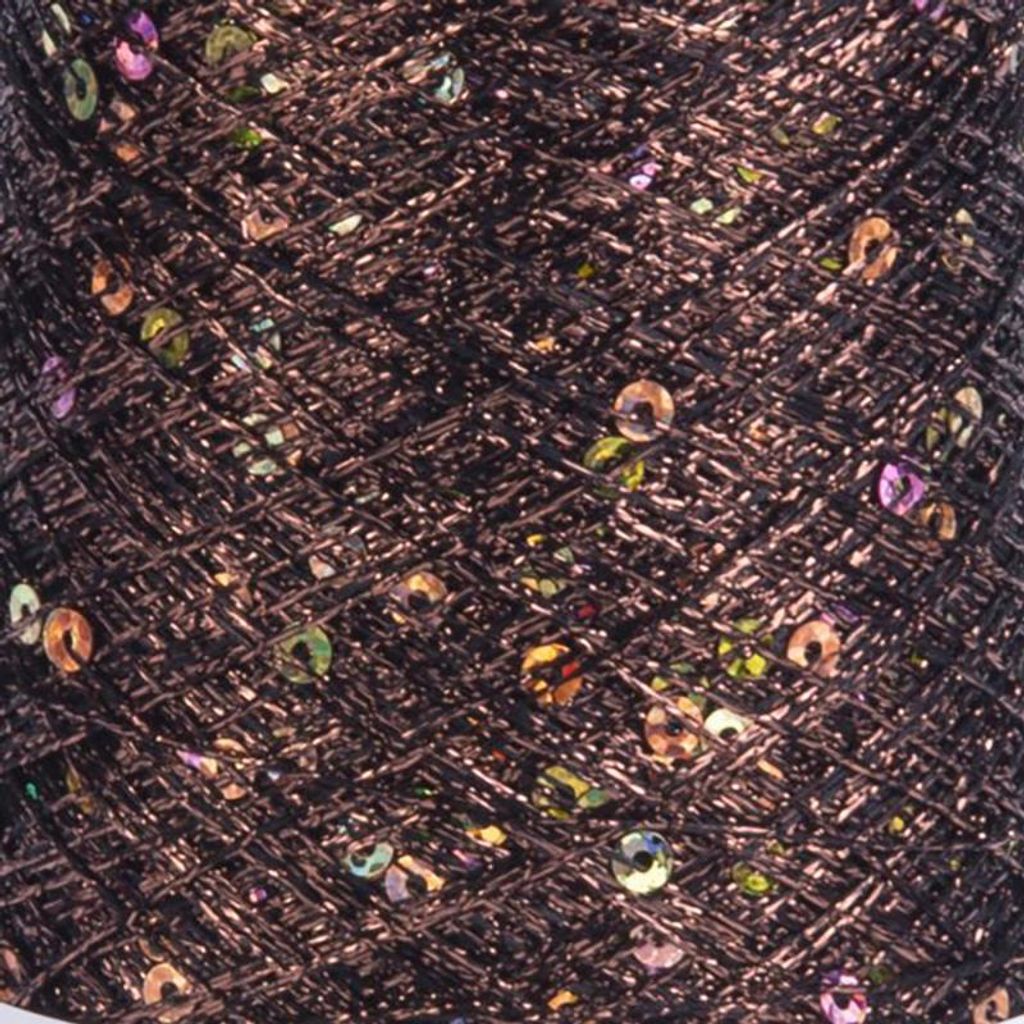 A close-up view of metallic brown yarn with scattered sequins.