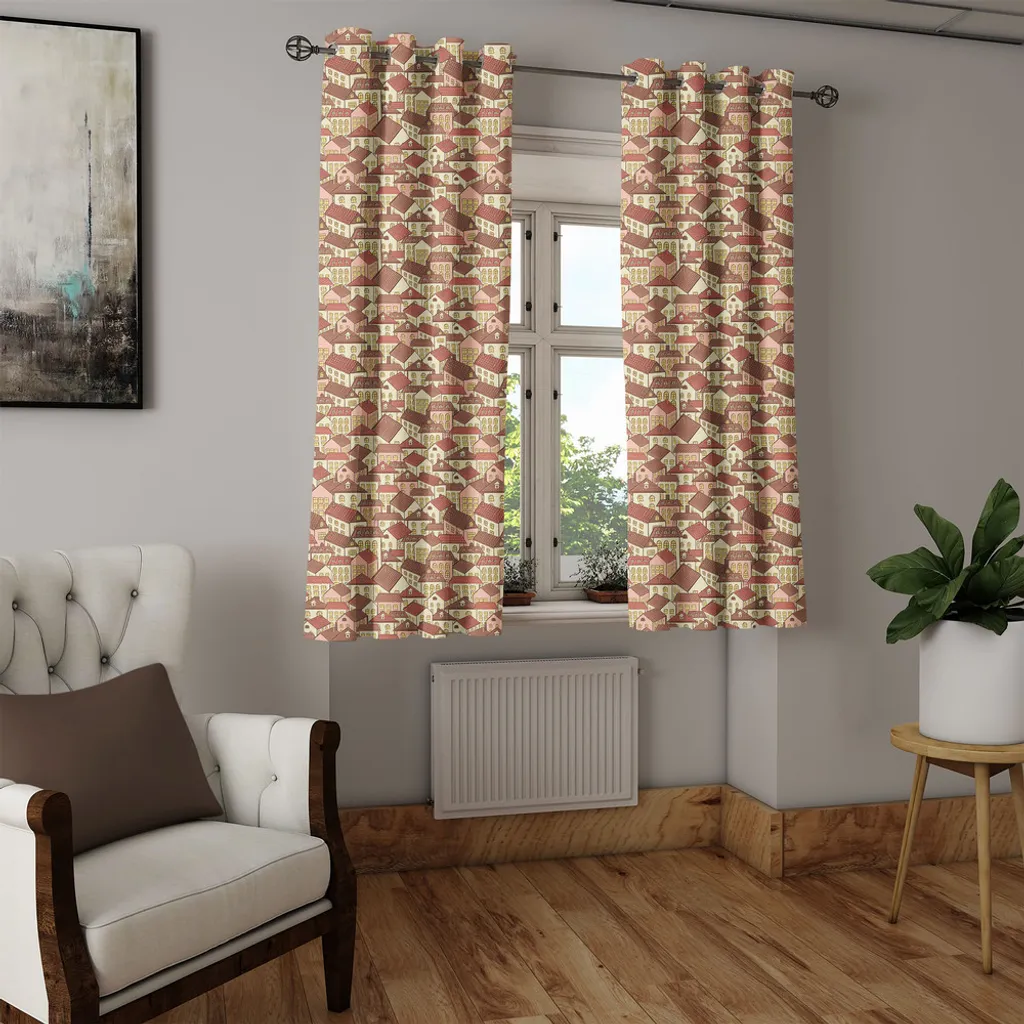 ABAKUHAUS Tenda con occhielli astratta, motivo casa di città con tetto freddo ricoperto di tegole, architettura urbana, vita cittadina, tende decorative a 2 pannelli per finestre, 280 cm x 245 cm, crema corallo cioccolato - 4