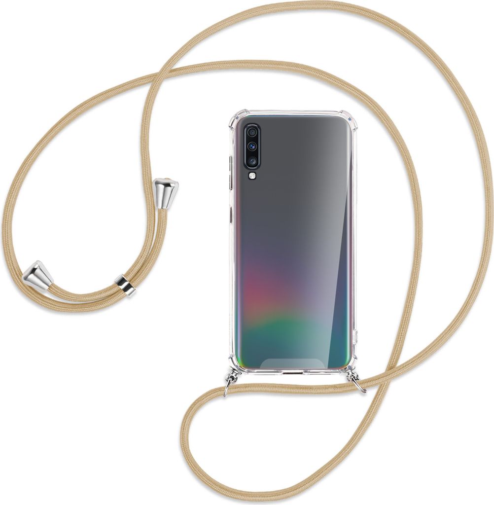 Handykette Backcover-Schutzhülle mit Band (Metall silberfarben) für Samsung Galaxy A70 - caramel