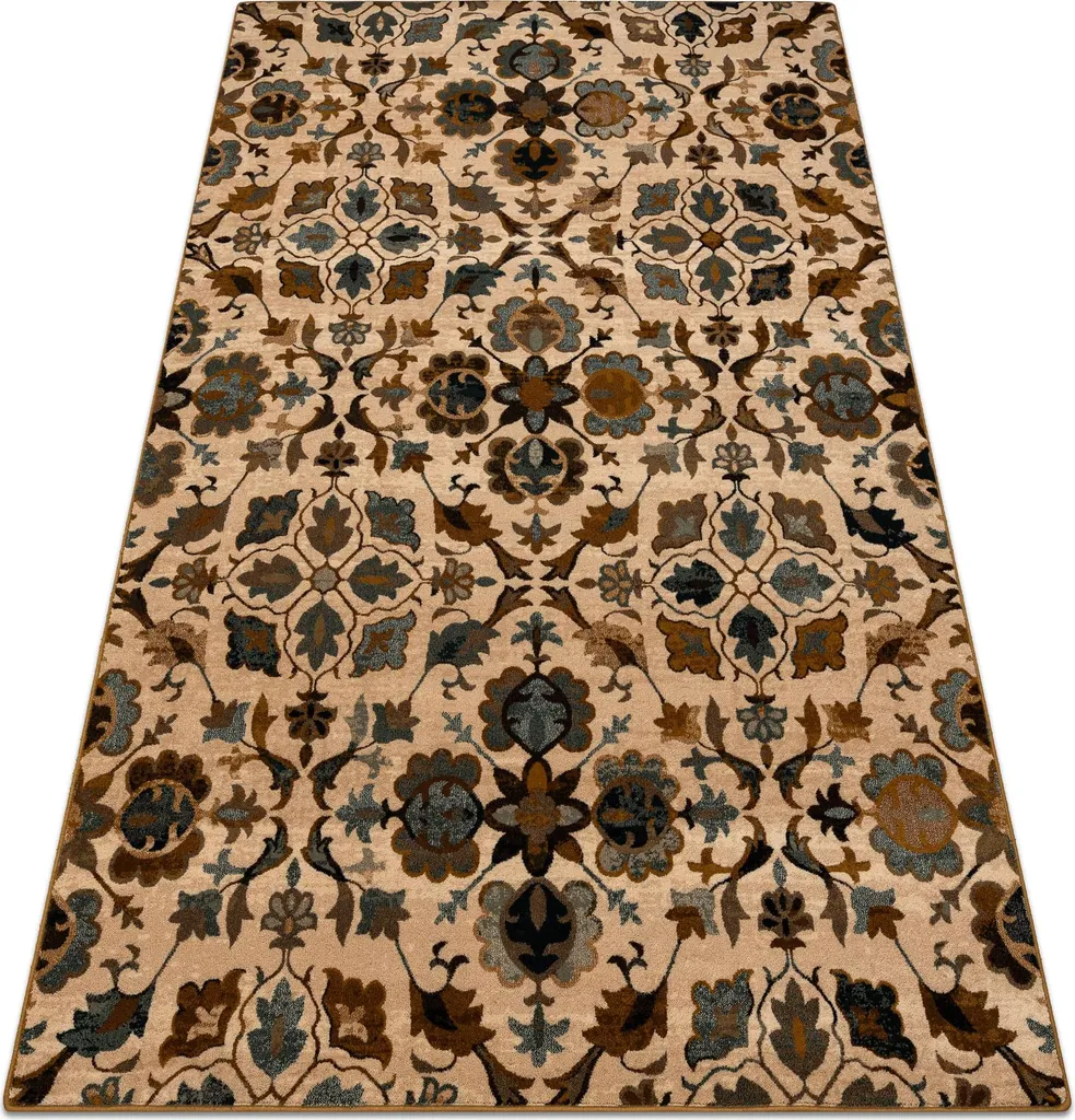 Grand tapis de salon en laine à motifs fleurs camel et marron 170x235cm