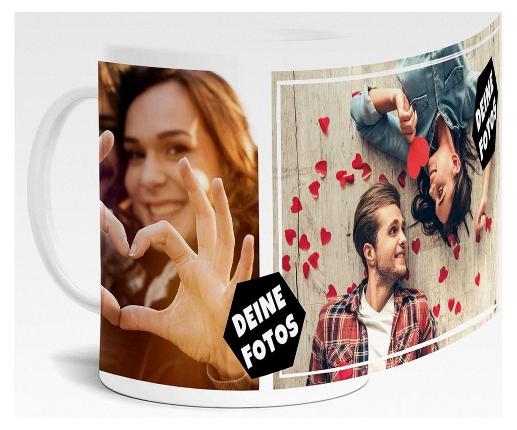 Foto-Tasse zur individuellen Gestaltung mit Foto-Collage für 2 Wunschfotos - Geschenk für Familie, Freunde, Geburtstag, Weihnachten - Keramik Wei...
