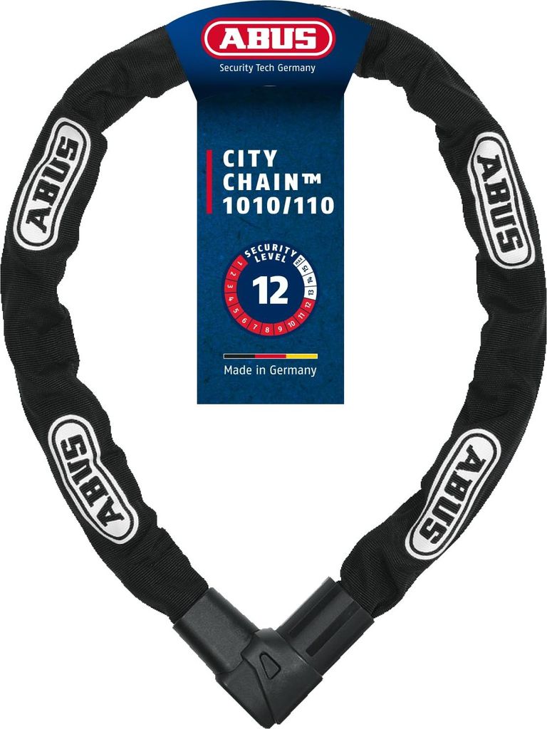 A black chain lock with a product tag attached.