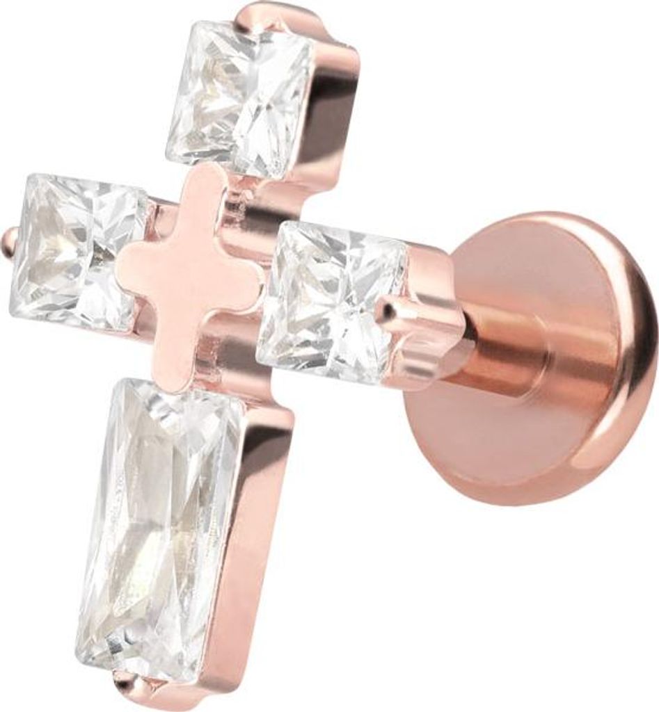 Ohrpiercing, Nasenpiercing Titan Labret mit Push Fit KRISTALLKREUZ RoséGold Stablänge: 8mm | Stabstärke: 1mm