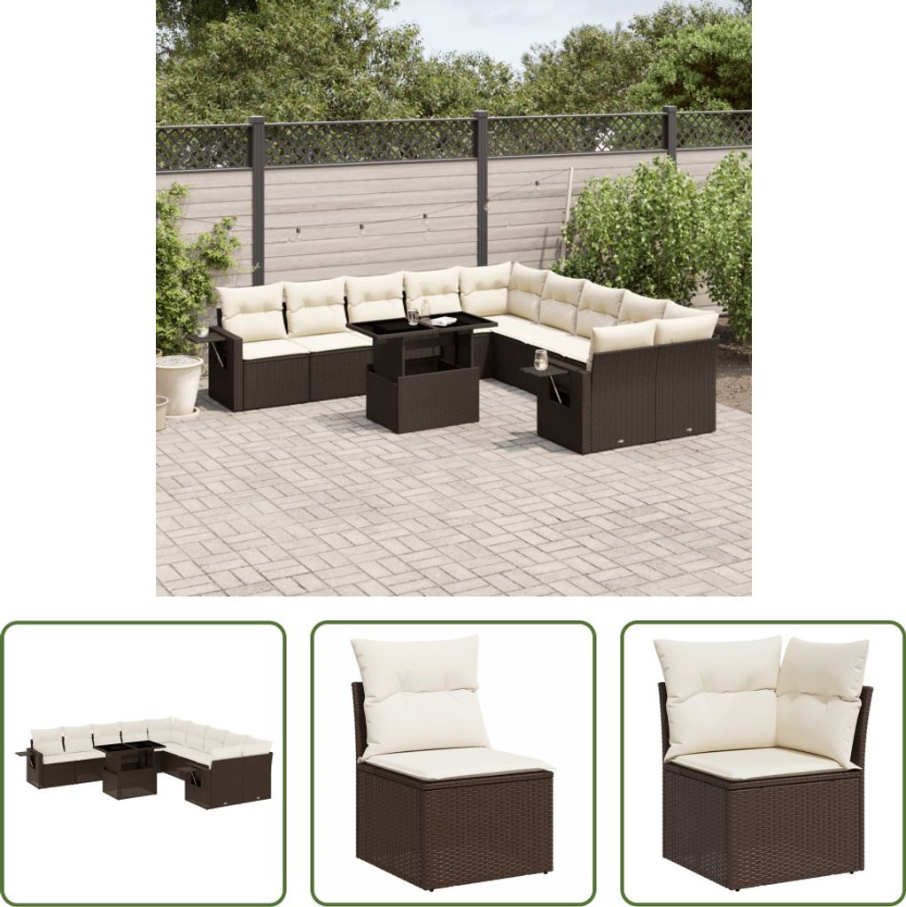 The Living Store 11-tlg. Garten-Sofagarnitur mit Kissen Braun Poly Rattan