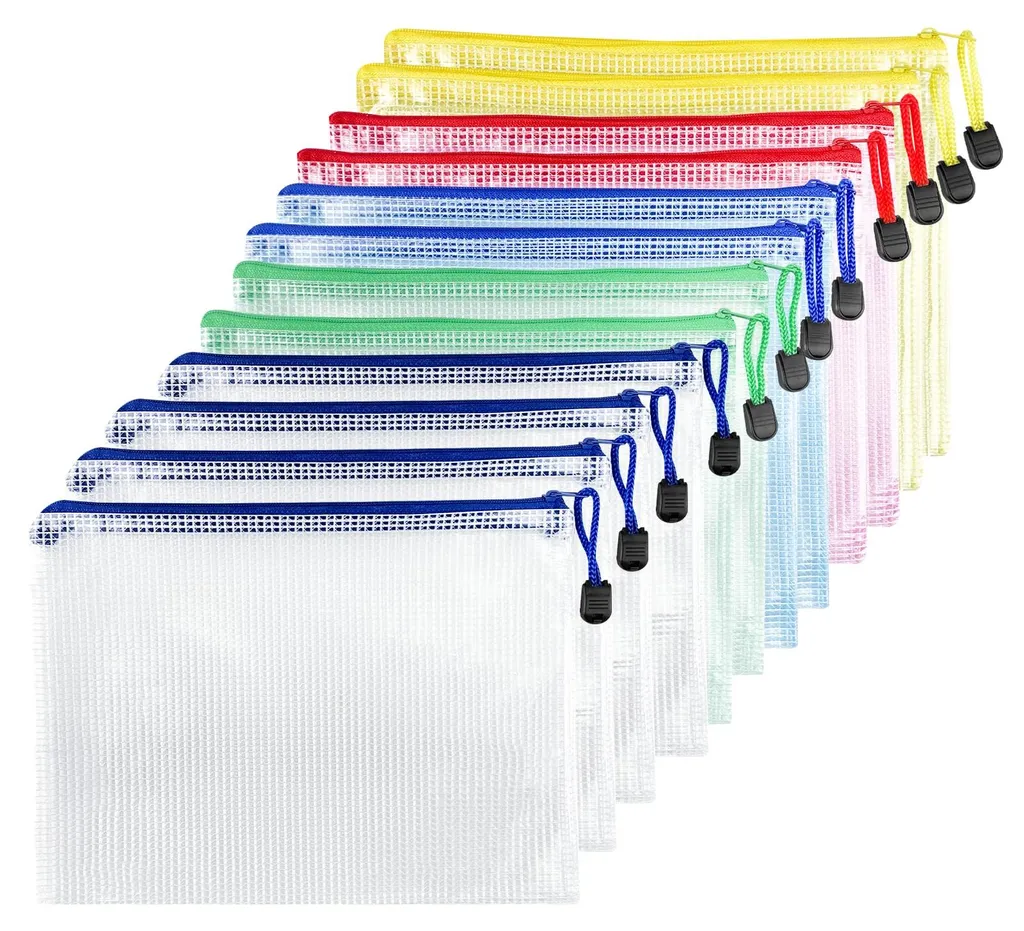 Pochette de Rangement A4 Imperméable en Lot de 12 avec Zip et Filet