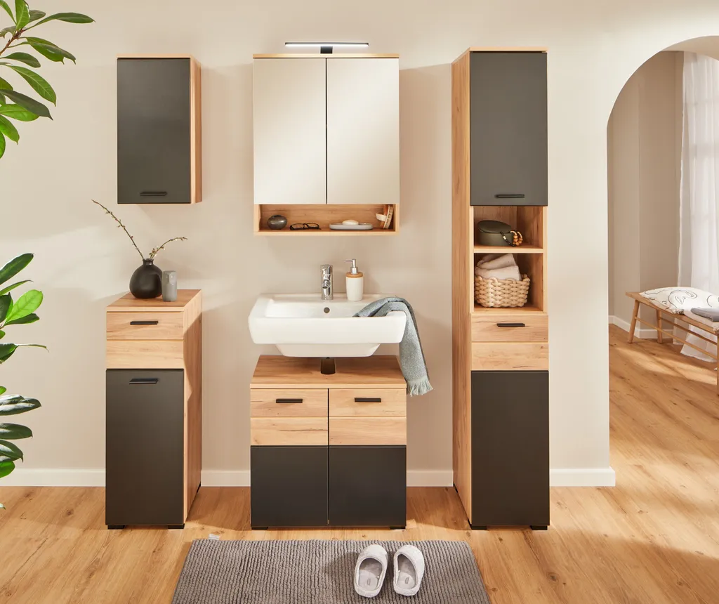 Meuble sous vasque 60cm Chêne Artisan et Noir mat - Modèle Riom