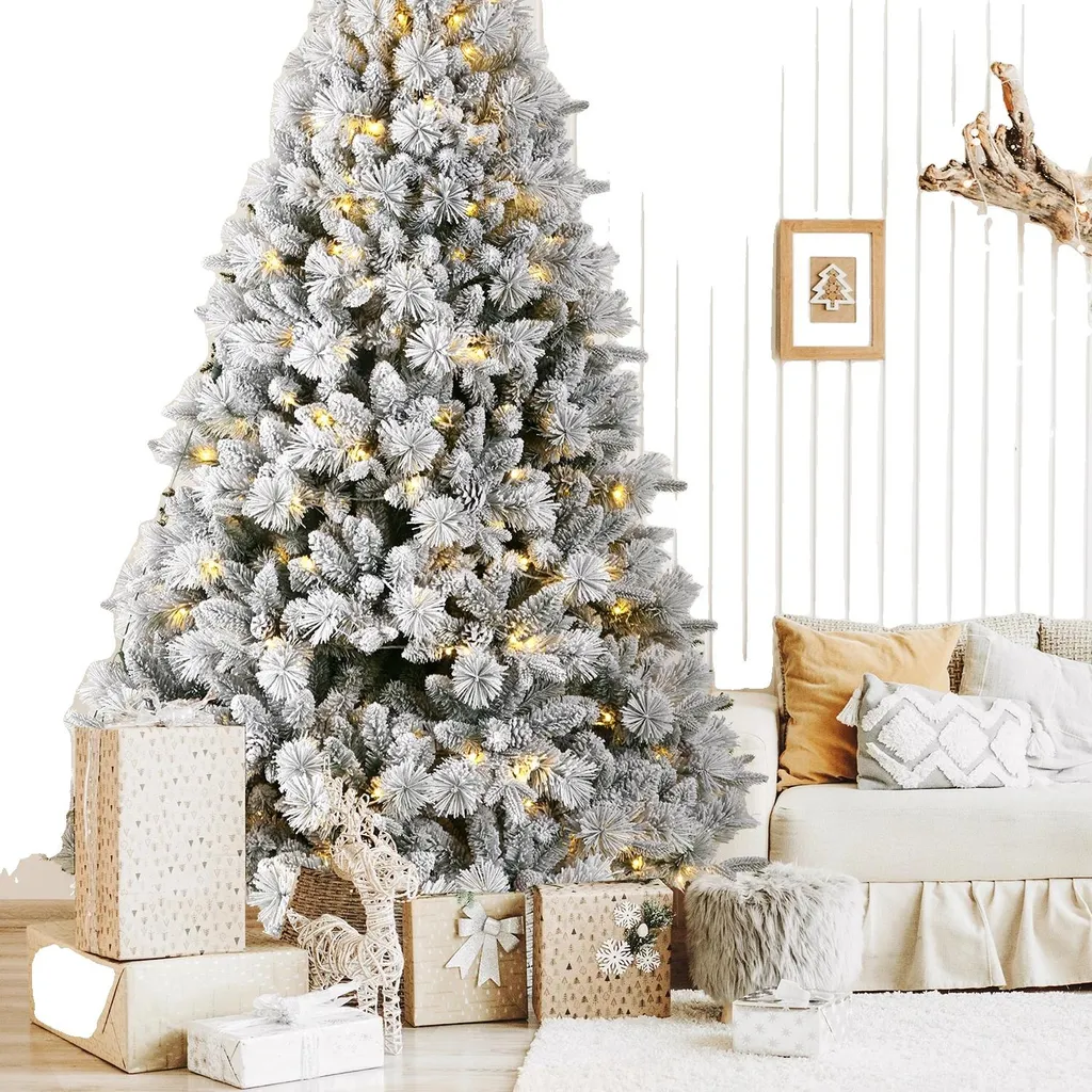 Grand sapin de Noël enneigé avec guirlande LED intégrée hauteur 1,80m