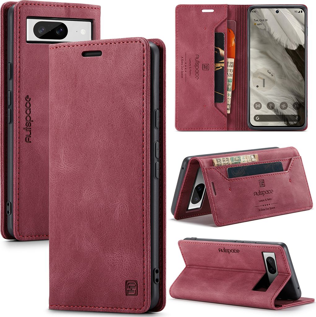 Google Pixel 8 Hülle, Retro Kunstledertasche Stand Schutzhülle für Google Pixel 8 Rot