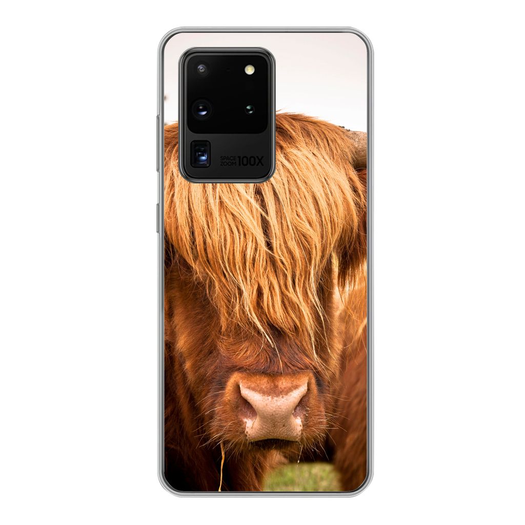 MuchoWow Handyhülle Schutzhülle Hülle für Samsung Galaxy S20 Ultra Schottische Highlander - Braun - Gras Silikon Softcase Handy Hülle - Kart...