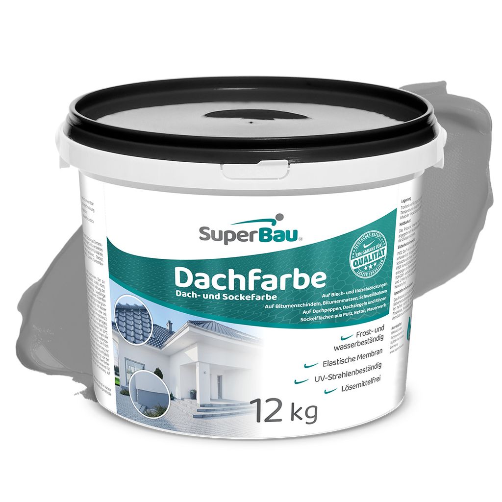 Superbau Dachfarbe Grau 12kg, Sockelfarbe WASSERDICHT, Fassadenfarbe für Außen, Dachbeschichtung für Blechdach, Bitumen, Dachpappe, Schindeln, Putz