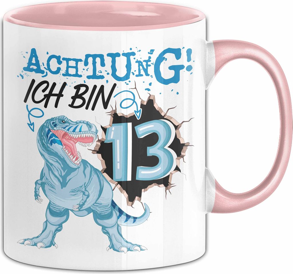 13. Geburtstag Geschenk Tasse Becher Jungs Sohn T-Rex Geburtstagsgeschenk Dinosaurier Achtung Ich bin 13 Teenager (Rosa)