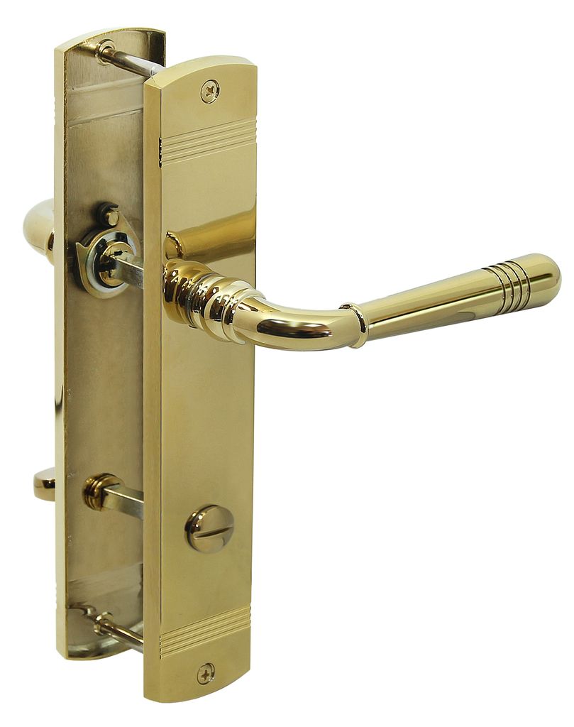 A brass door handle set with a keyhole.