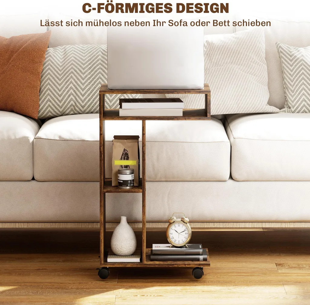 Table d'appoint en C à roulettes avec 3 étagères bois marron rustique - 6