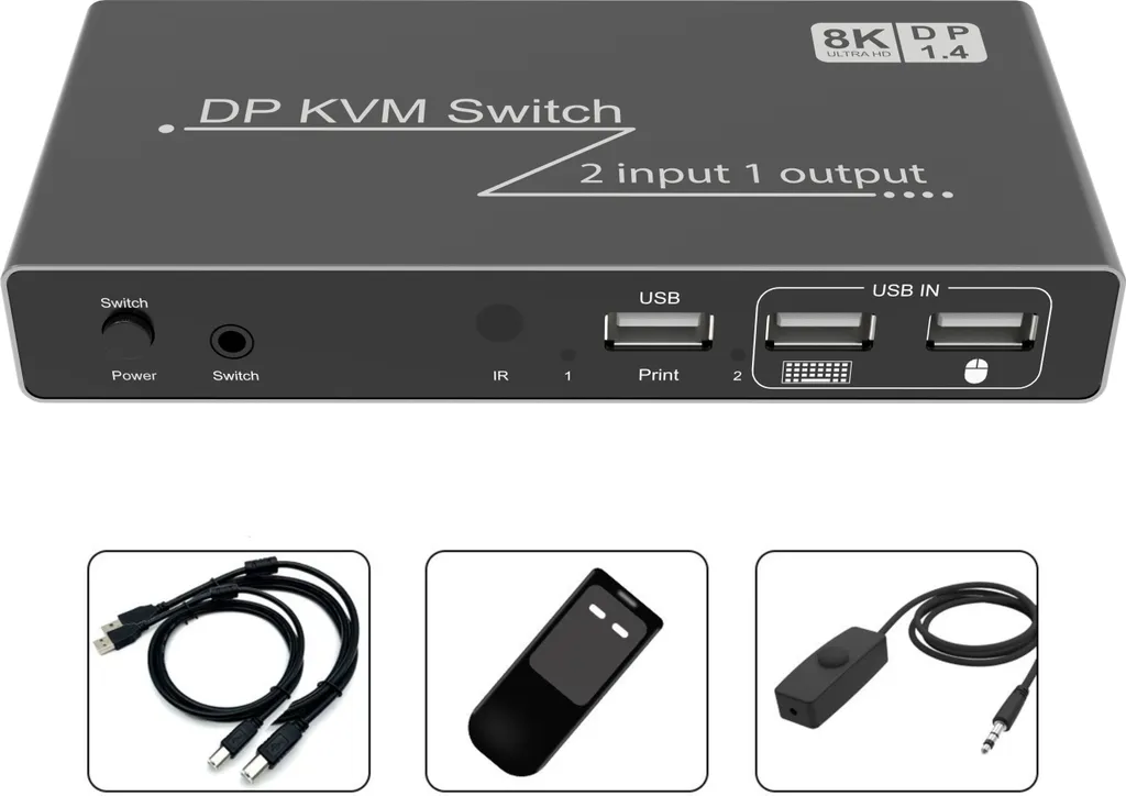 Switch KVM DisplayPort pour 2 PC vers 1 écran 8K avec ports USB Hub 2.0