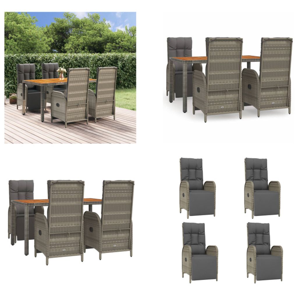 vidaXL 5 tlg. Garten Essgruppe mit Kissen Grau Poly Rattan - Garten Essgruppe - Garten Essgruppen - Essgruppe - Essgruppe Terrasse