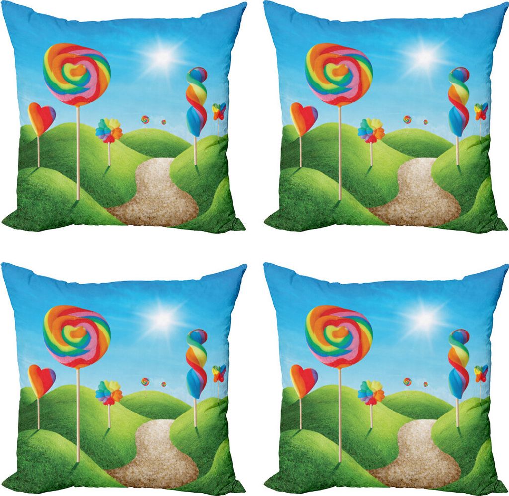 ABAKUHAUS Fantasie Kissenbezug Set (4 Stück), Candy Land Lollipops, Moderner Doppelseitiger Digitaldruck, 45 cm x 45 cm, Grün, Blau, Rot