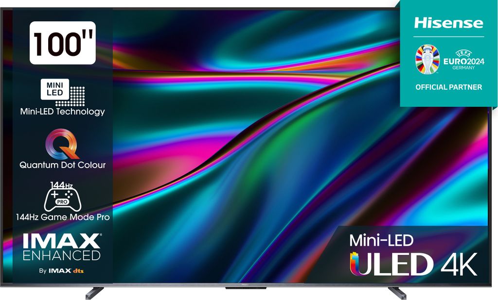 A marketing image of a large Hisense television displaying a colorful abstract image on its screen, with various feature callouts and branding.