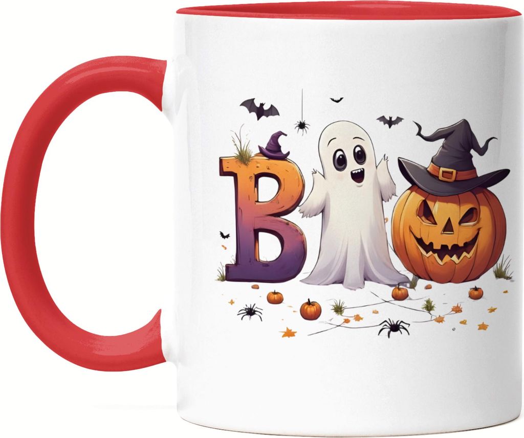 Boo Geist Tasse Rot süßes Halloween Geschenk mit Kürbis und Geist Motiv