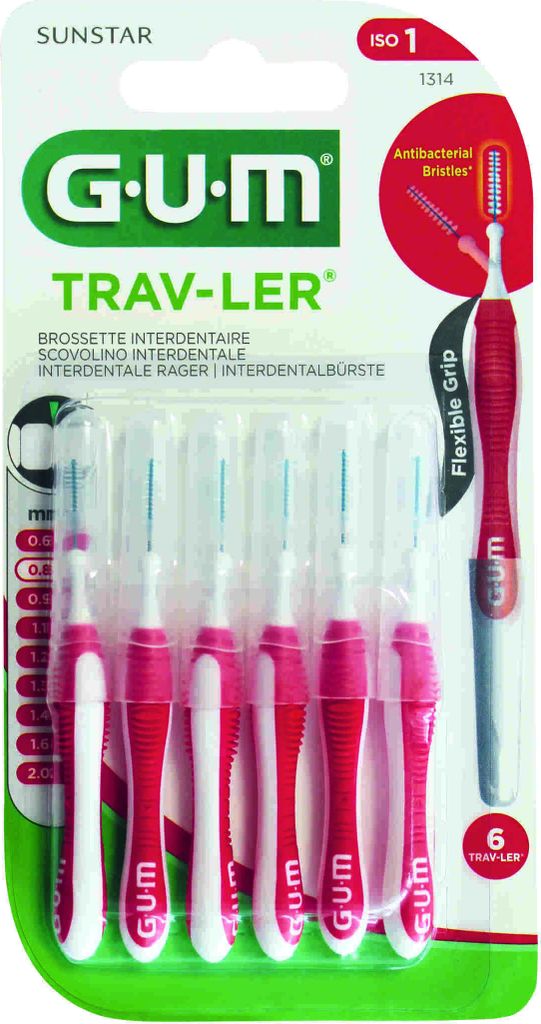 A retail package of GUM Trav-Ler interdental brushes.