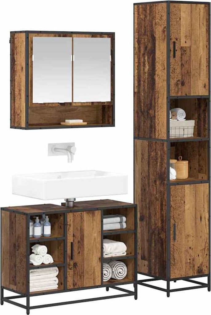 "Winter Sale" Badezimmermöbel-Set mit Regal 3 pcs - Montage erforderlich - Altholz Holzwerkstoff - clorisNeu601663 - Badezimmerschränke