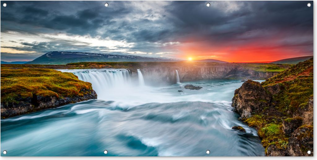 MuchoWow 160x80 cm Outdoor-Poster Gartendeko Sichtschutz Garten Poster für den Garten Wasserfall - Sonnenuntergang - Natur - Wasser