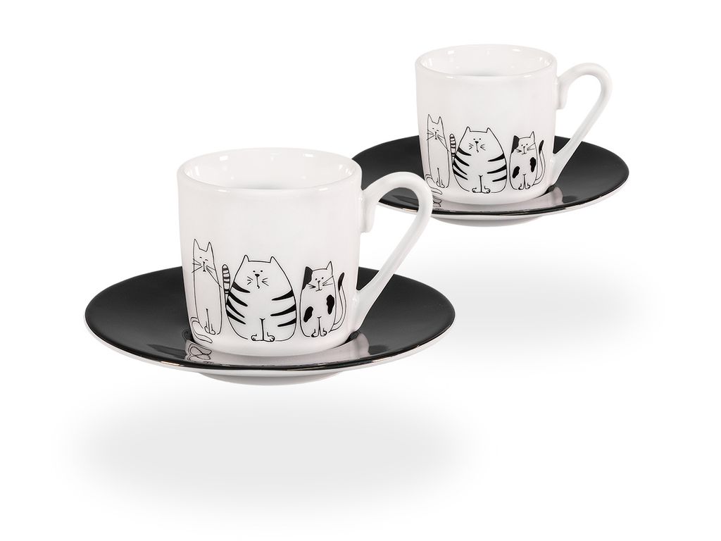 tea4chill Könitz Espresso Tassen Set Funny Cats. 2 Kaffeetassen 65ml aus Porzellan. Espressotassen modern, schwarz-weiß