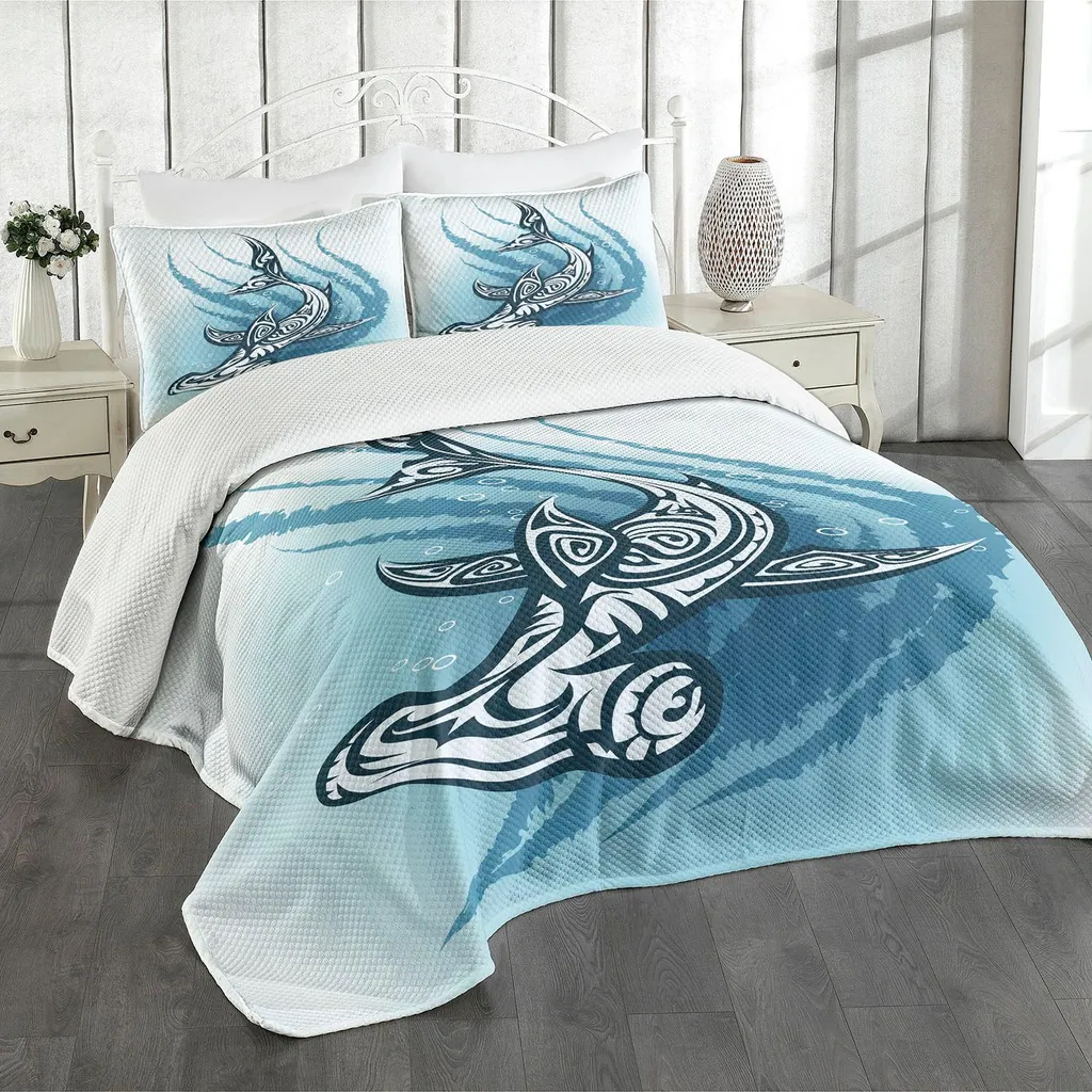 Set copriletto ABAKUHAUS Hai, squalo martello con effetti decorativi etnici, immagine dell'oceano, 220 x 220 cm, blu petrolio scuro e bianco
