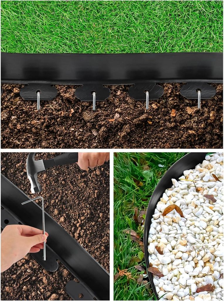 Kalolary Flexible Rasenrand Gartenrand, Kunststoff Landschaftsrand mit 36 U-Spikes, 3 Verbindern, 12 m Lang 10 cm Hoch Landschaftsrand für Garten,...