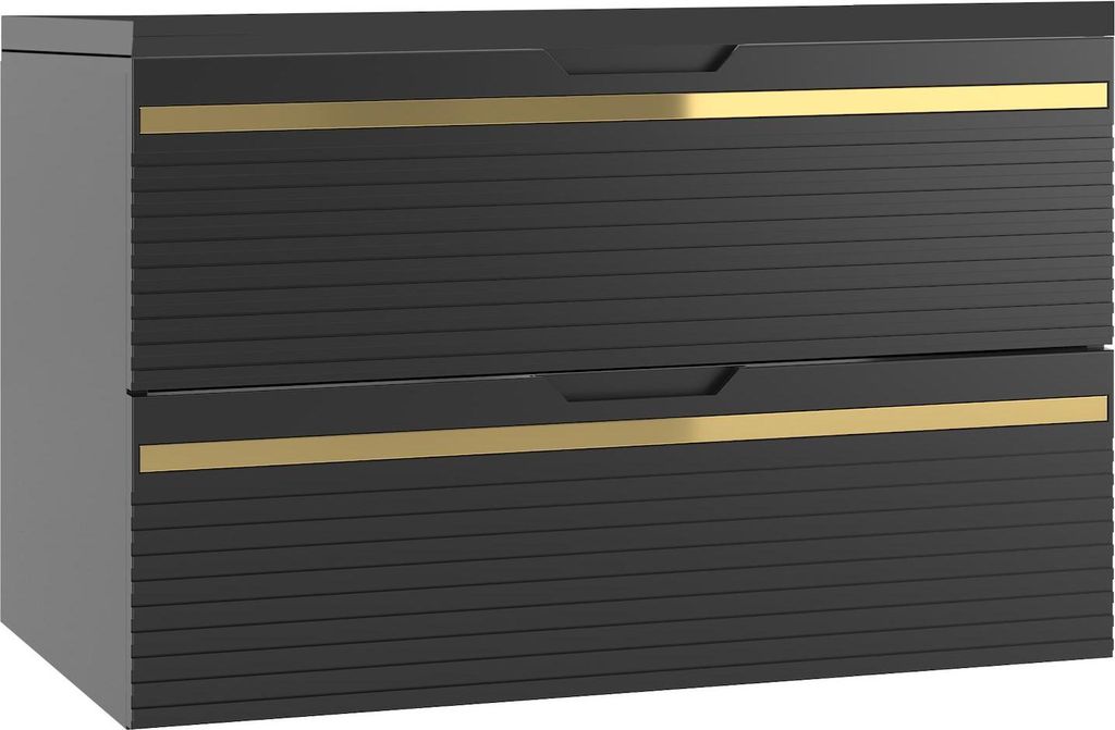 Waschbeckenunterschrank Varo 80 x 46 cm Schwarz Matt mit Gold - Hängender Badezimmerschrank mit 2 Schubladen