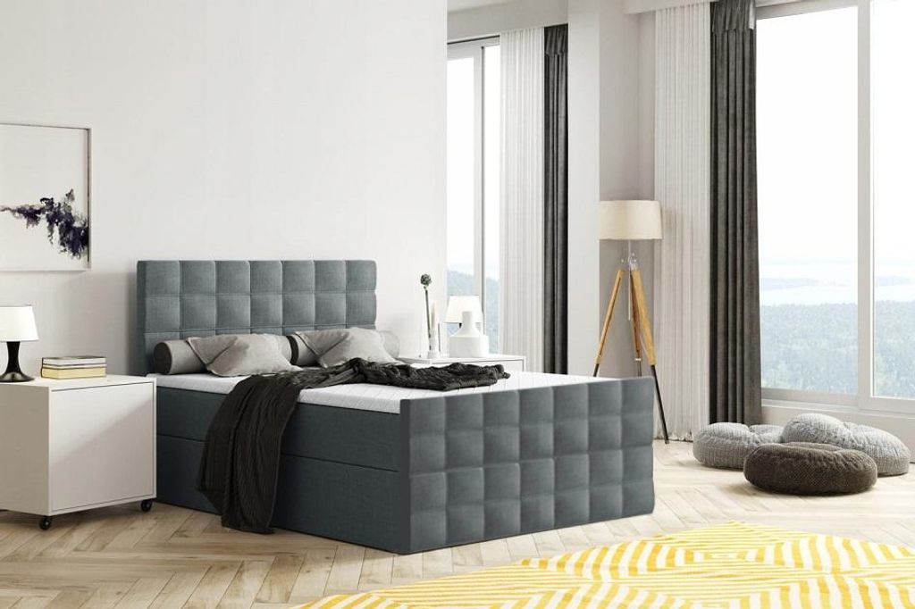 Bett, Boxspringbett MERA mit Fußteil, Bettkästen, OHNE Topper, Doppelbett, Stauraum, Federkern, 160x200 cm (Grau - Inari 96)