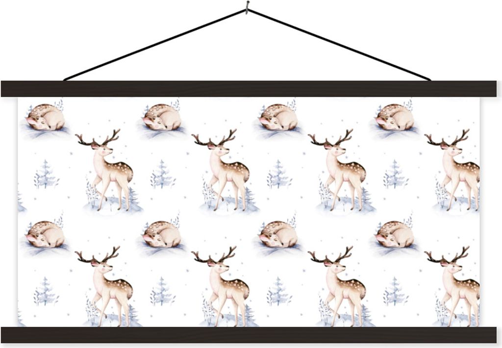 MuchoWow Textilposter Winter - Hirsche - Muster - Weiß 90x45 cm mit schwarzem Rahmen - Klemmleisten