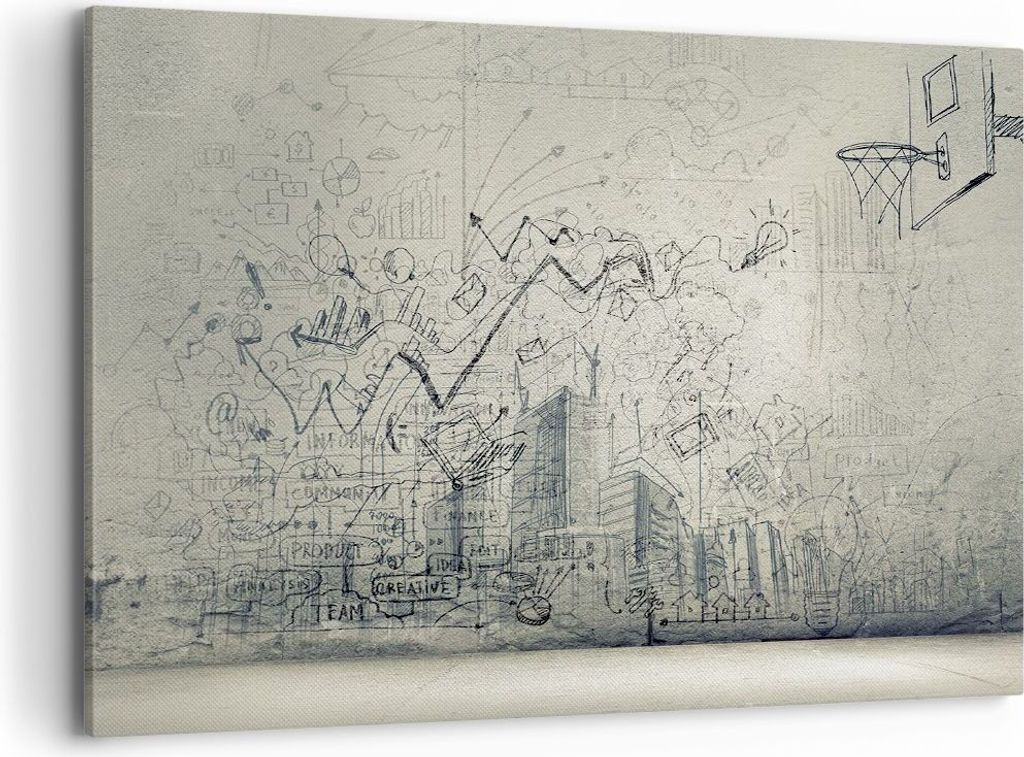 Bild auf Leinwand - Leinwandbild - Graffiti Tapete Zeichnung Haus - 100x70cm - Wand Bild - Wanddeko - Leinwanddruck - Bilder - Kunstdruck - Wanddek...