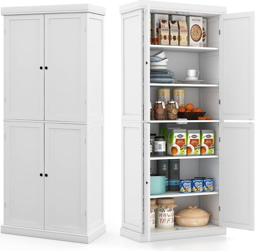 A white pantry cabinet with its doors open, revealing shelves stocked with various food items and kitchenware. The cabinet is shown from two angles: a full front view of the closed cabinet and a side view of the open cabinet.