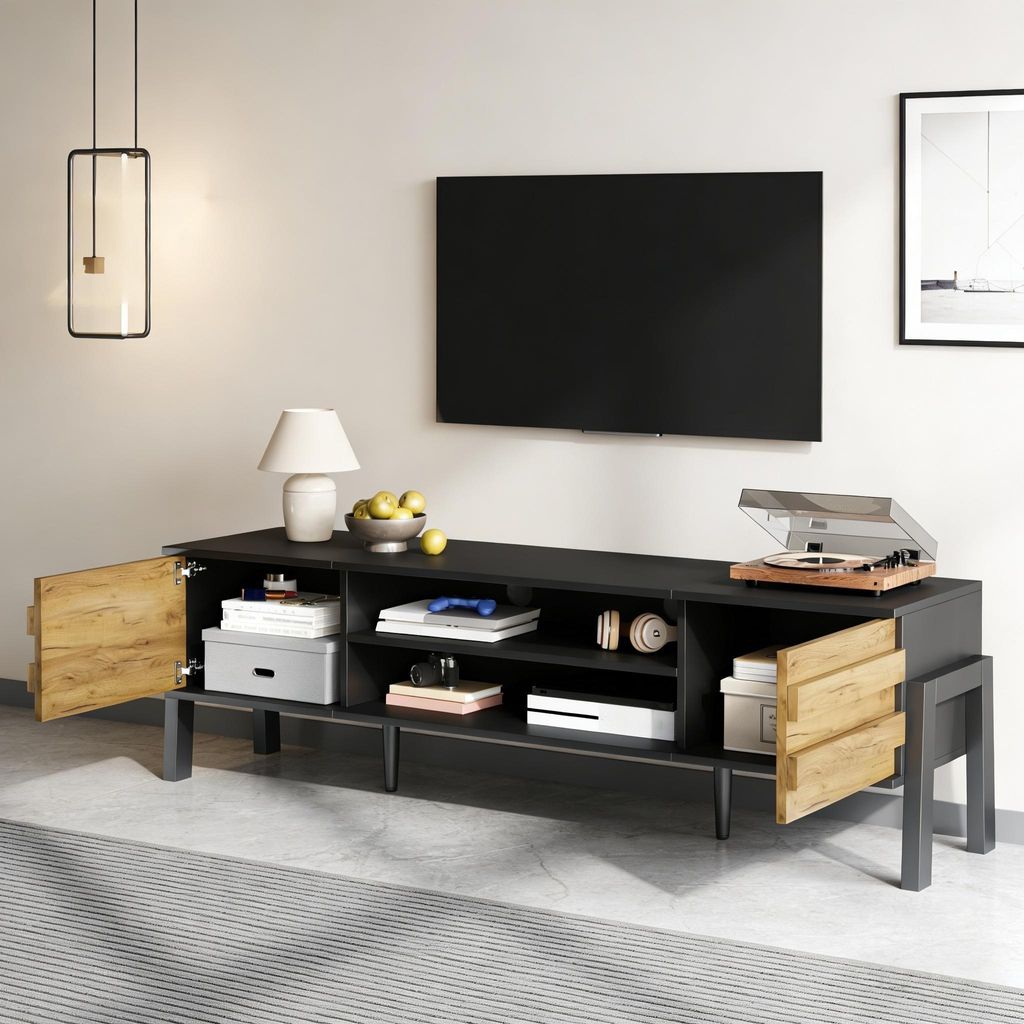 MODFU TV-Schrank,Lowboard mit 2 Schränke und Offener Lagerraum,Wohnzimmerschrank,geeignet für Fernseher bis zu 70 Zoll Schwarz