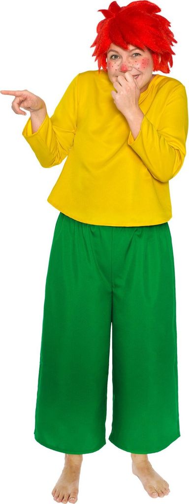 A person wearing a costume with a red wig, yellow shirt, and green pants.